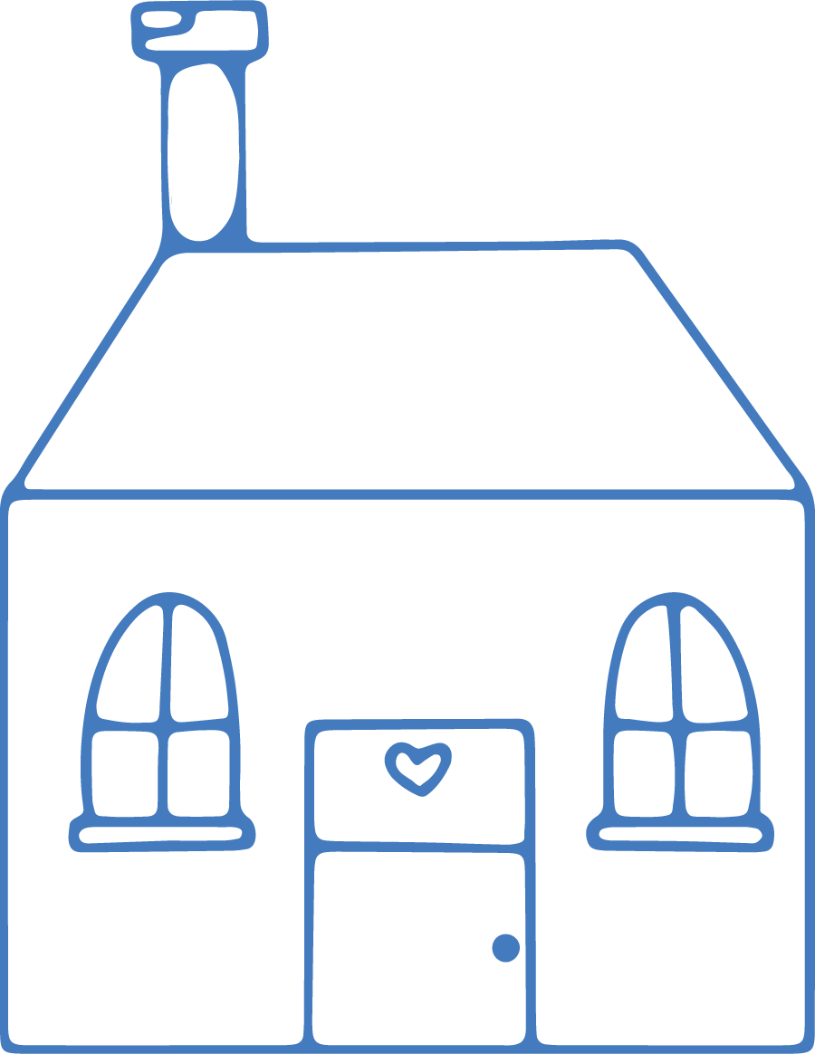 Simple blue line drawing of a house with a chimney, two arched windows, and a door with a heart symbol.