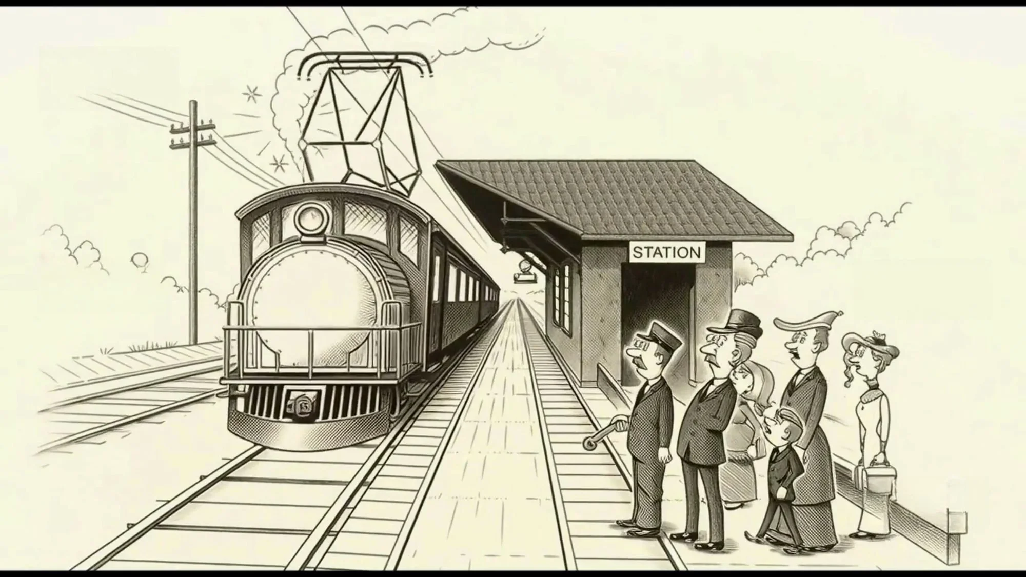 An engraving-style drawing of an electric train at a station, with passengers in period dress on the platform.