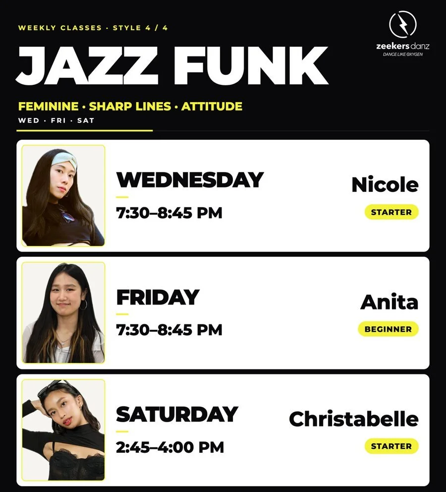 Class card on black: JAZZ FUNK in large white type, then three rows with the day, time, teacher and level of each class.