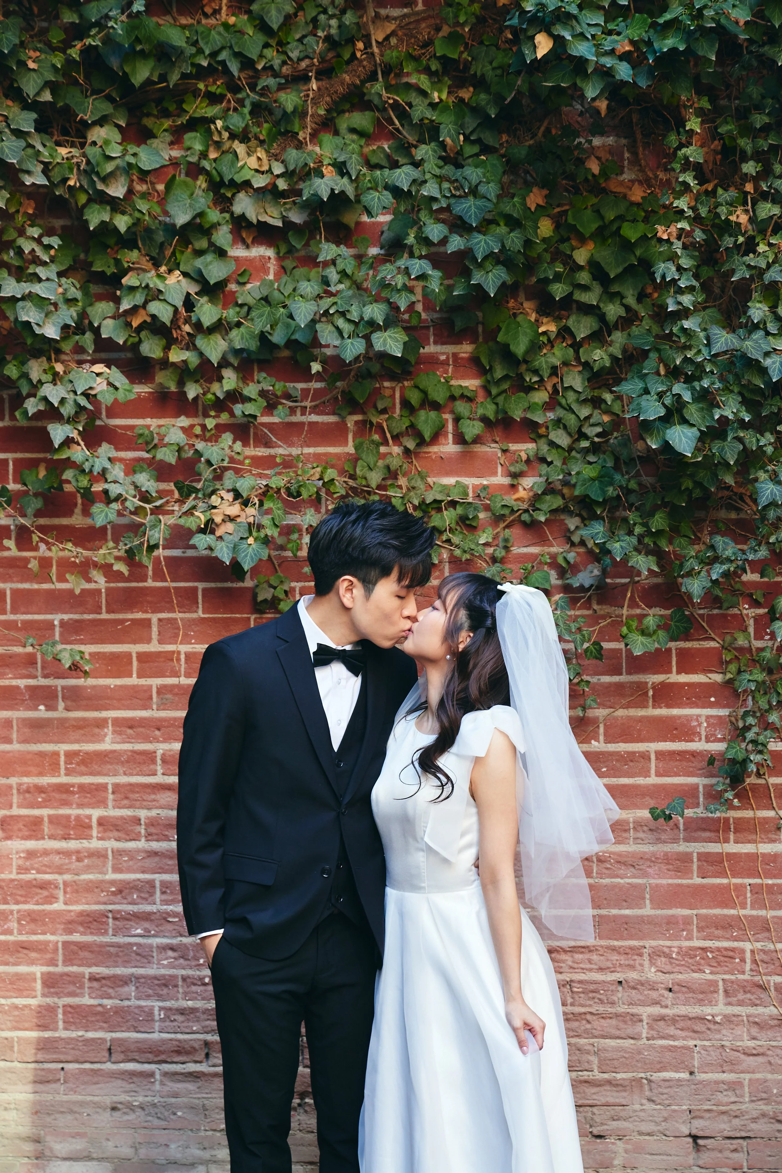 A newlywed couple, with the groom dressed in a black tuxedo and the bride in a white wedding gown and veil, share a kiss in front of a brick wall covered with green ivy.