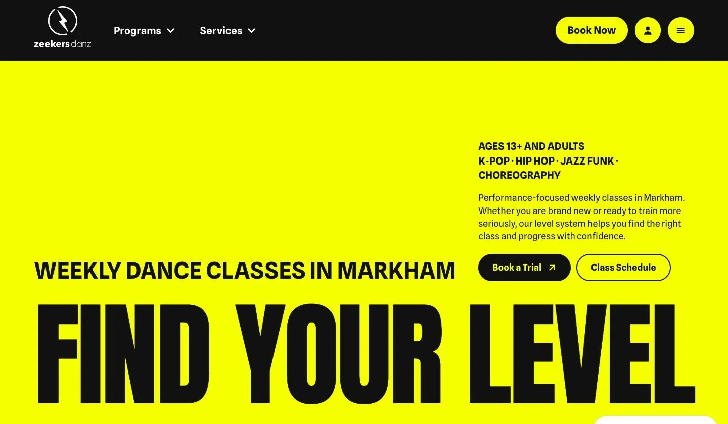 The Weekly classes page on a desktop screen: a yellow page with FIND YOUR LEVEL in huge black type, the styles offered, and Book a Trial and Class Schedule buttons.