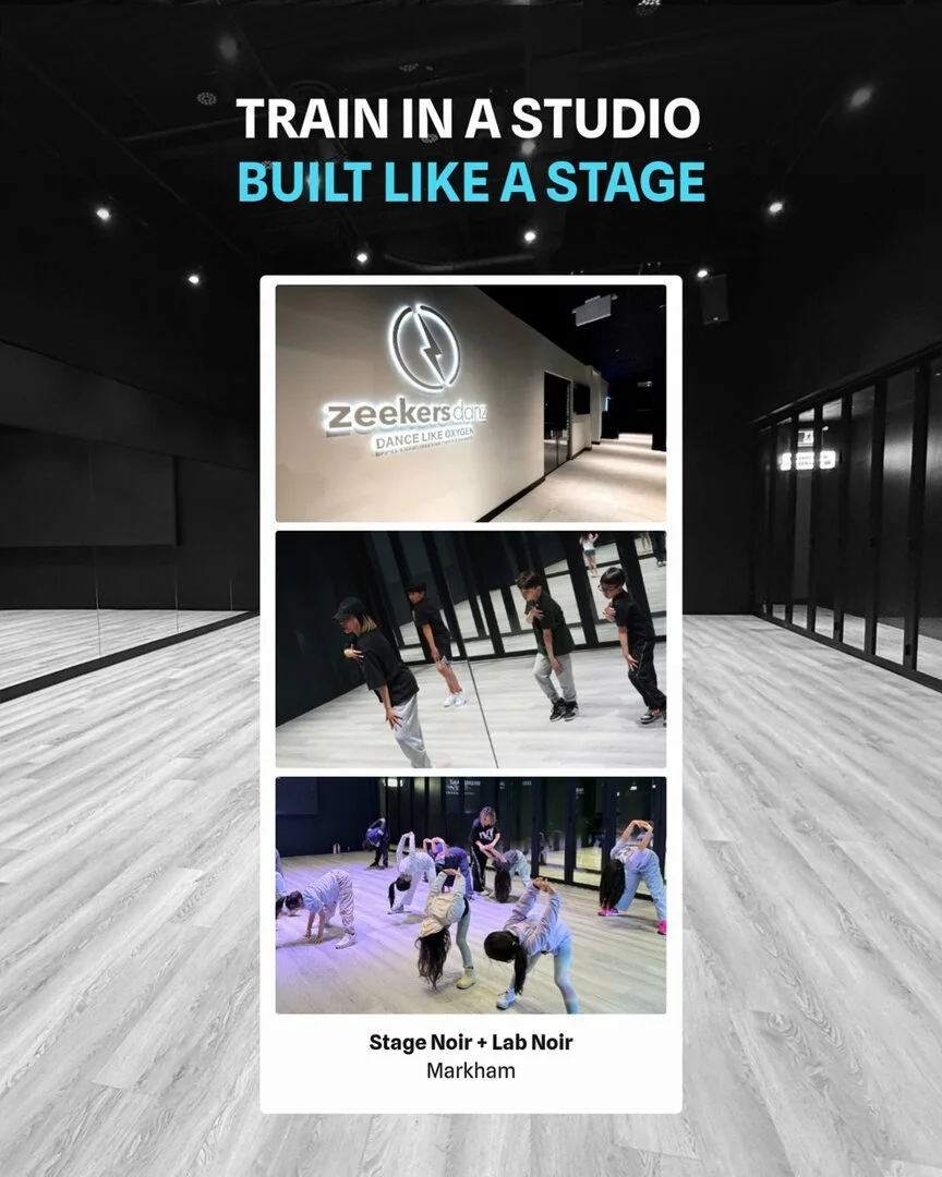 Post: Train in a studio built like a stage, with three photos of the studio stacked on a wood floor.