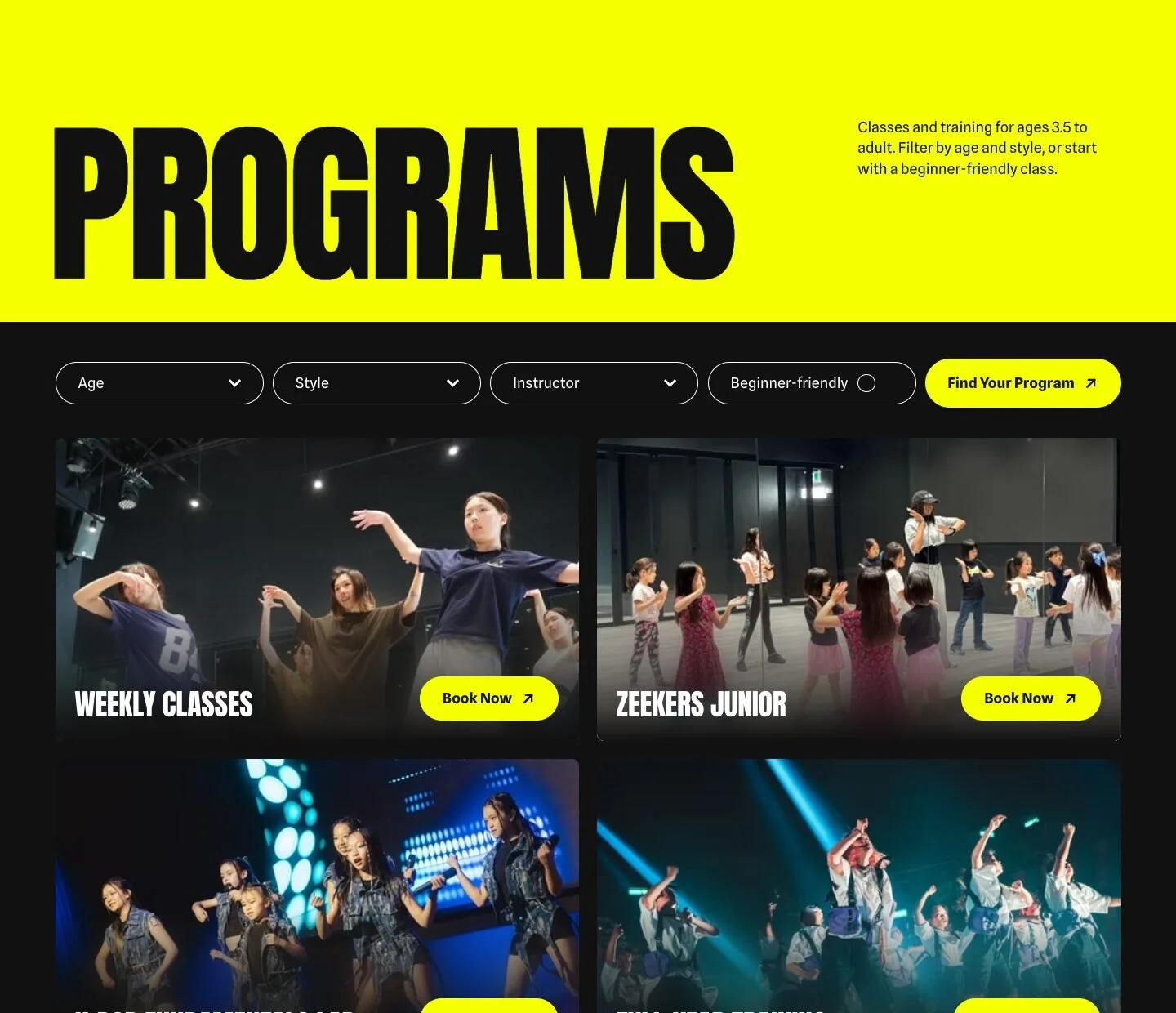 The Programs section of the website: a large yellow PROGRAMS title, filters for age, style and instructor, and four photo tiles for Weekly Classes, Zeekers Junior, the K-Pop Fundamentals Lab and Full-Year Training.