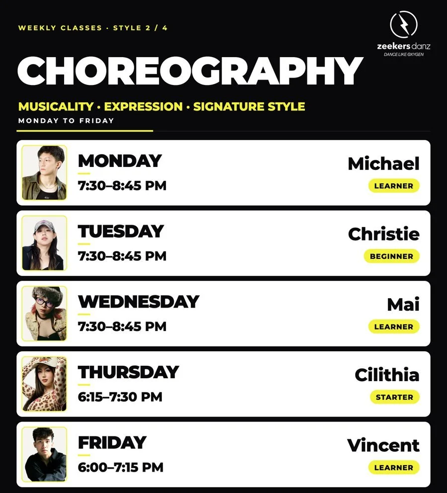 Class card on black: CHOREOGRAPHY in large white type, then five rows with the day, time, teacher and level of each class.