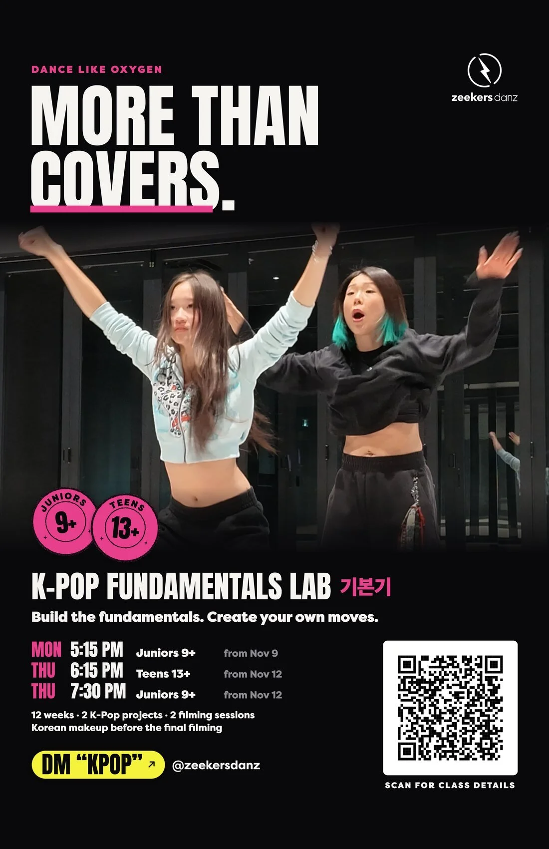 Poster on black: More than covers, over a photo of a student and a teacher dancing, then the class days and times and a QR code.