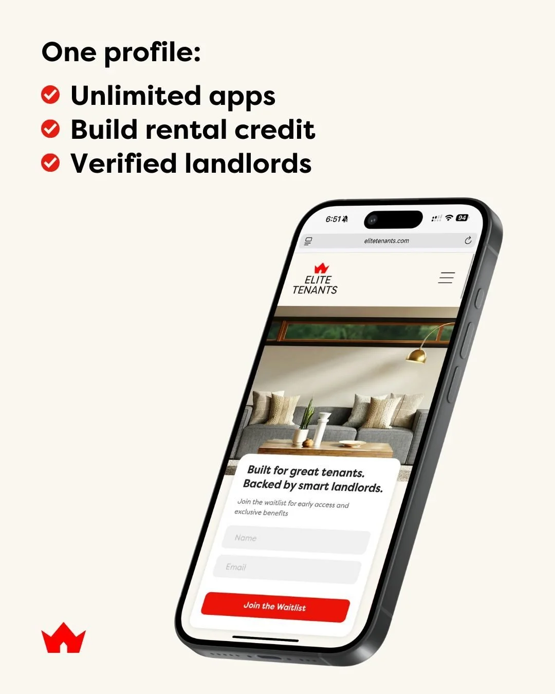 An Elite Tenants social post: a phone shows the waitlist page of the Elite Tenants website, next to the lines One profile, Unlimited apps, Build rental credit and Verified landlords.