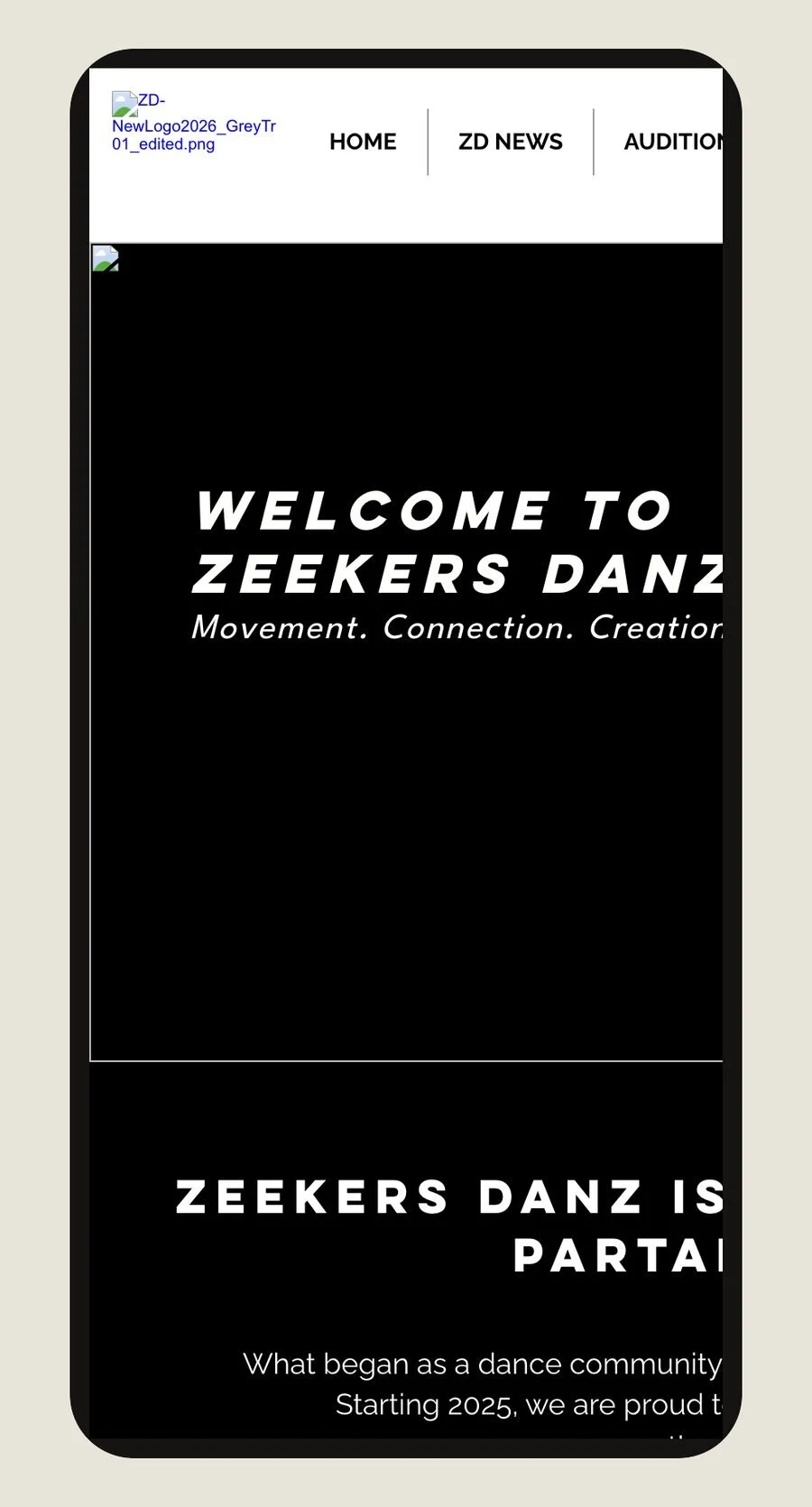 The old home page on a phone: a text menu running off the screen and the Welcome to Zeekers Danz title cut off at the edge.