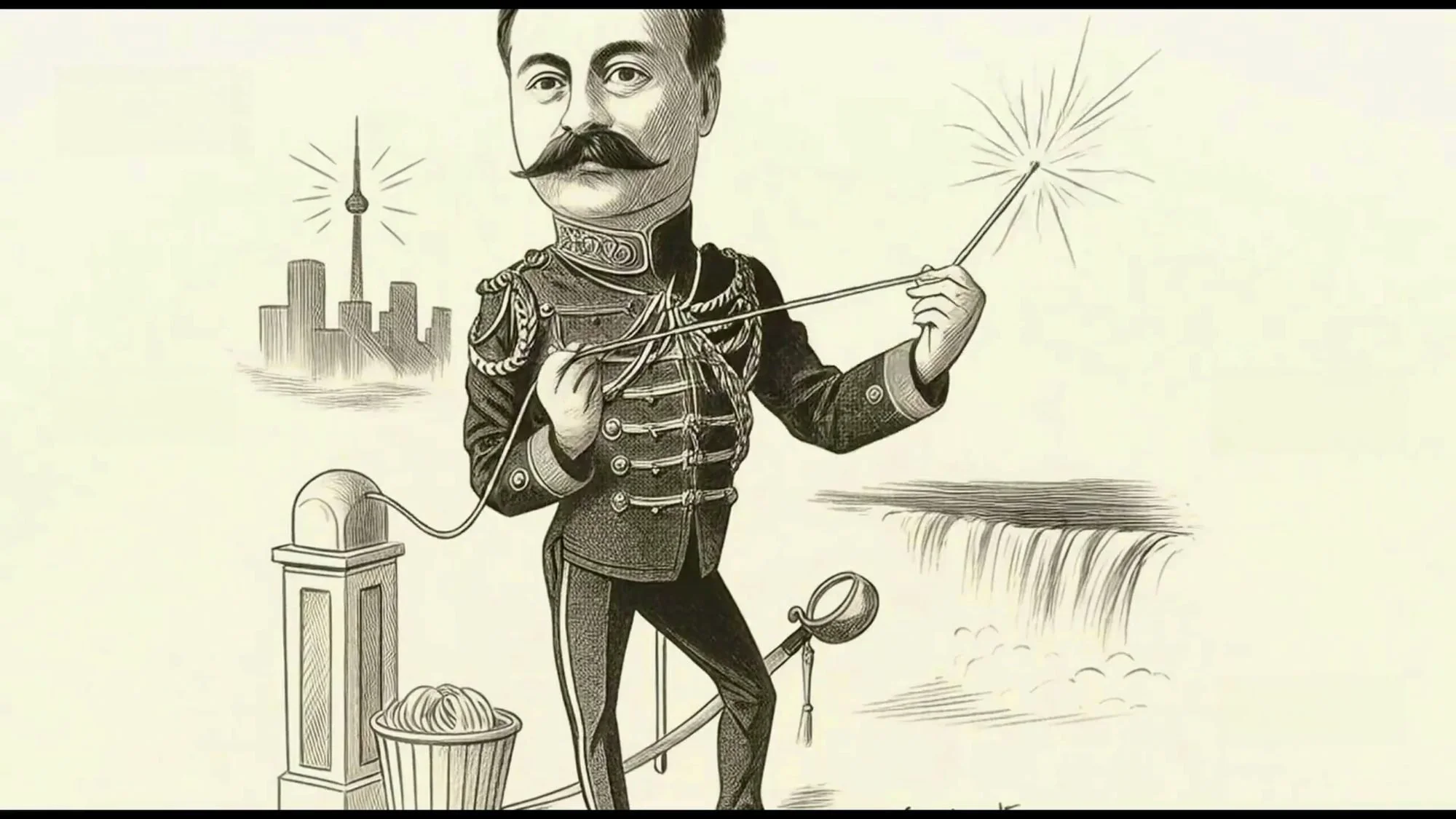 An engraving-style drawing of Sir Henry Pellatt in uniform holding a sparking wire, with Niagara Falls and a city skyline behind him.