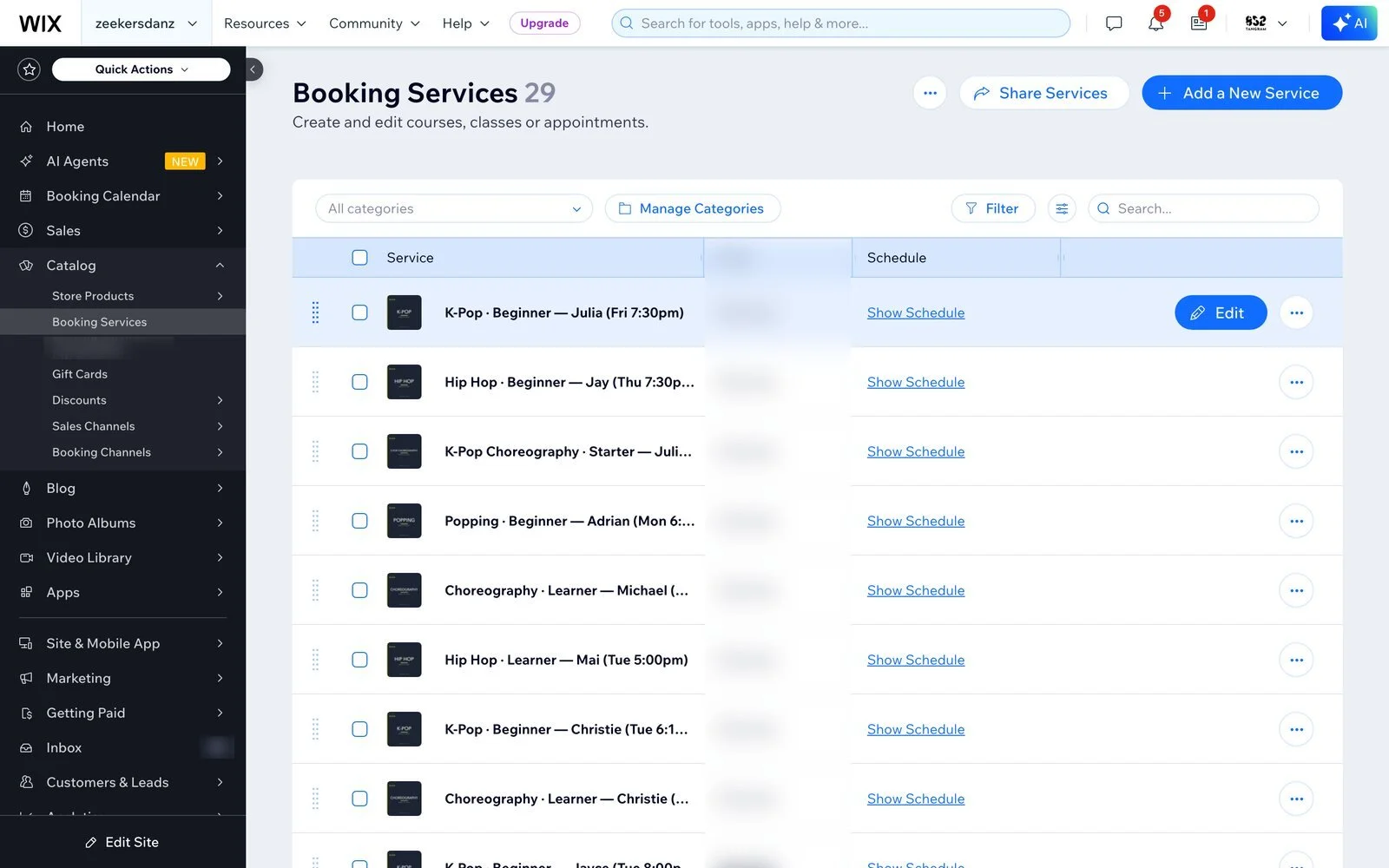 The Wix Bookings dashboard: a list of class services, each named by style, level, teacher and time, with a link to its schedule.