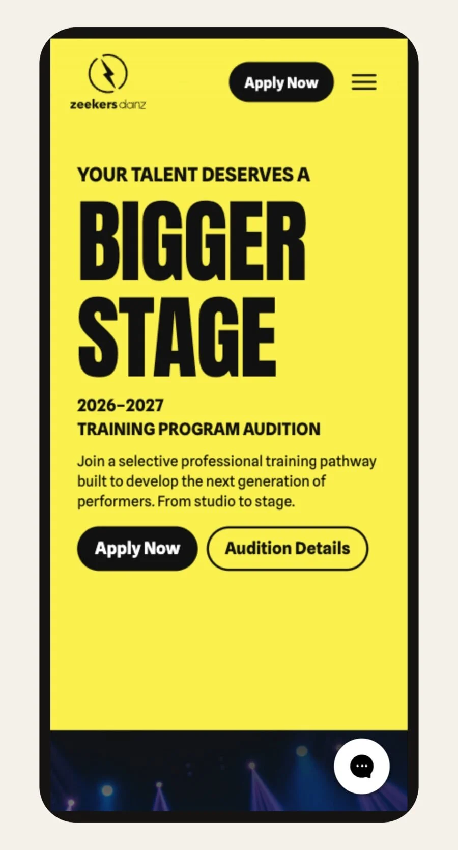 The same audition page on a phone, with Apply Now and Audition Details buttons.