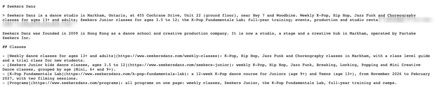 The top of the site's llms.txt file in plain text: a short description of the studio, its founding in Hong Kong in 2009, and a list of class pages with links.