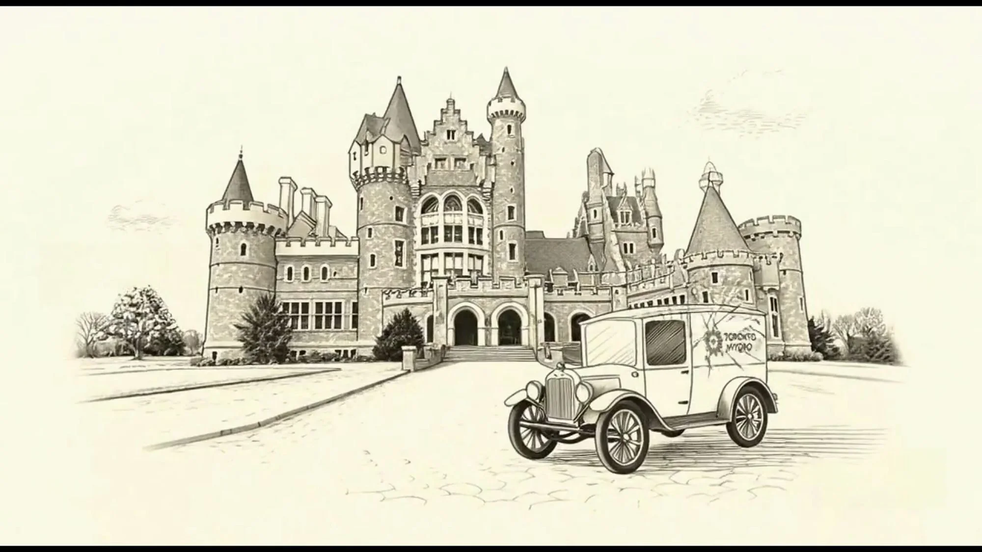 An engraving-style drawing of Casa Loma and a vintage delivery truck, from the exhibition film.