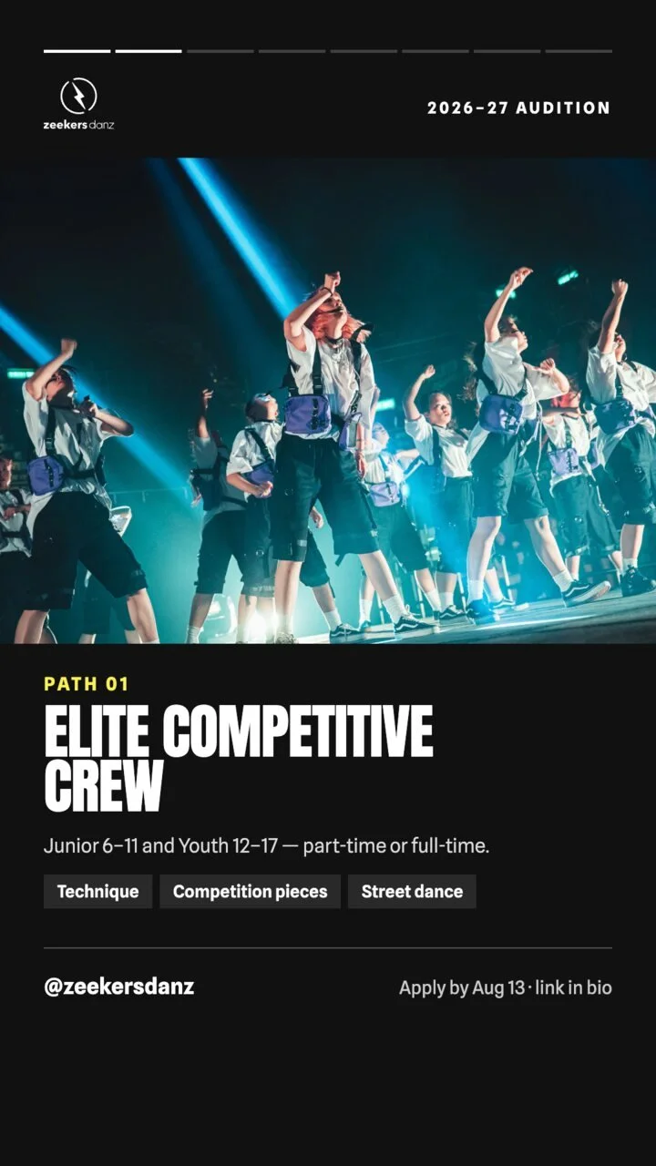 Story on black: a stage photo of a crew dancing, then Path 01, Elite Competitive Crew, for juniors and youth.