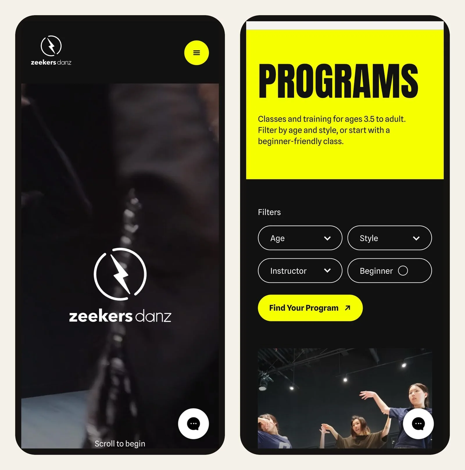 Two phone screens of the live website: the home page with the zeekers danz logo, and the Programs section with its filters.