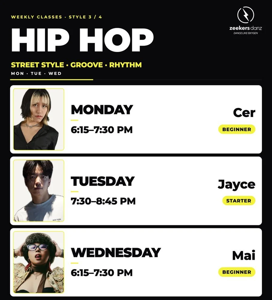 Class card on black: HIP HOP in large white type, then three rows with the day, time, teacher and level of each class.