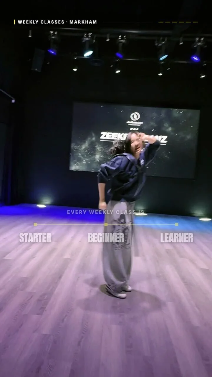 Reel still: a dancer in the studio with the class levels Starter, Beginner and Learner.