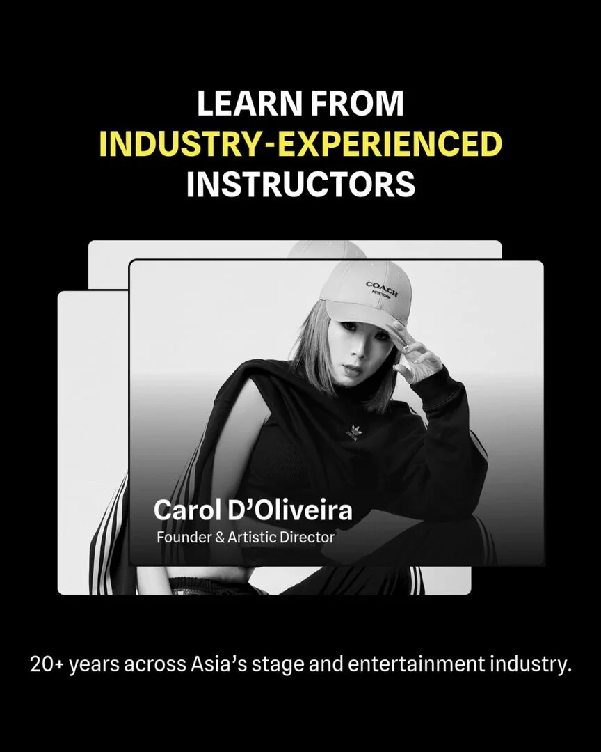 Post: a black and white portrait of the studio's founder, Carol D'Oliveira, under the words Learn from industry-experienced instructors.