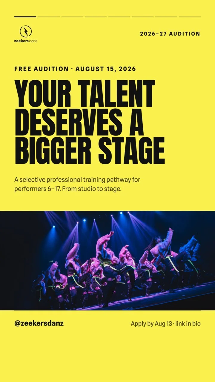 Story in yellow: Free audition, August 15, 2026, Your talent deserves a bigger stage, above a photo of dancers on stage.