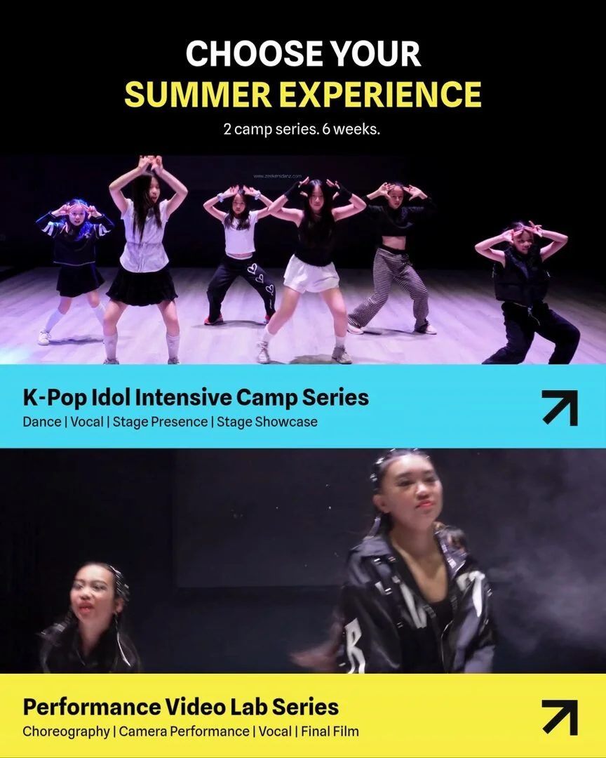 Post: Choose your summer experience, with two photo bands for the two camp series in cyan and yellow.