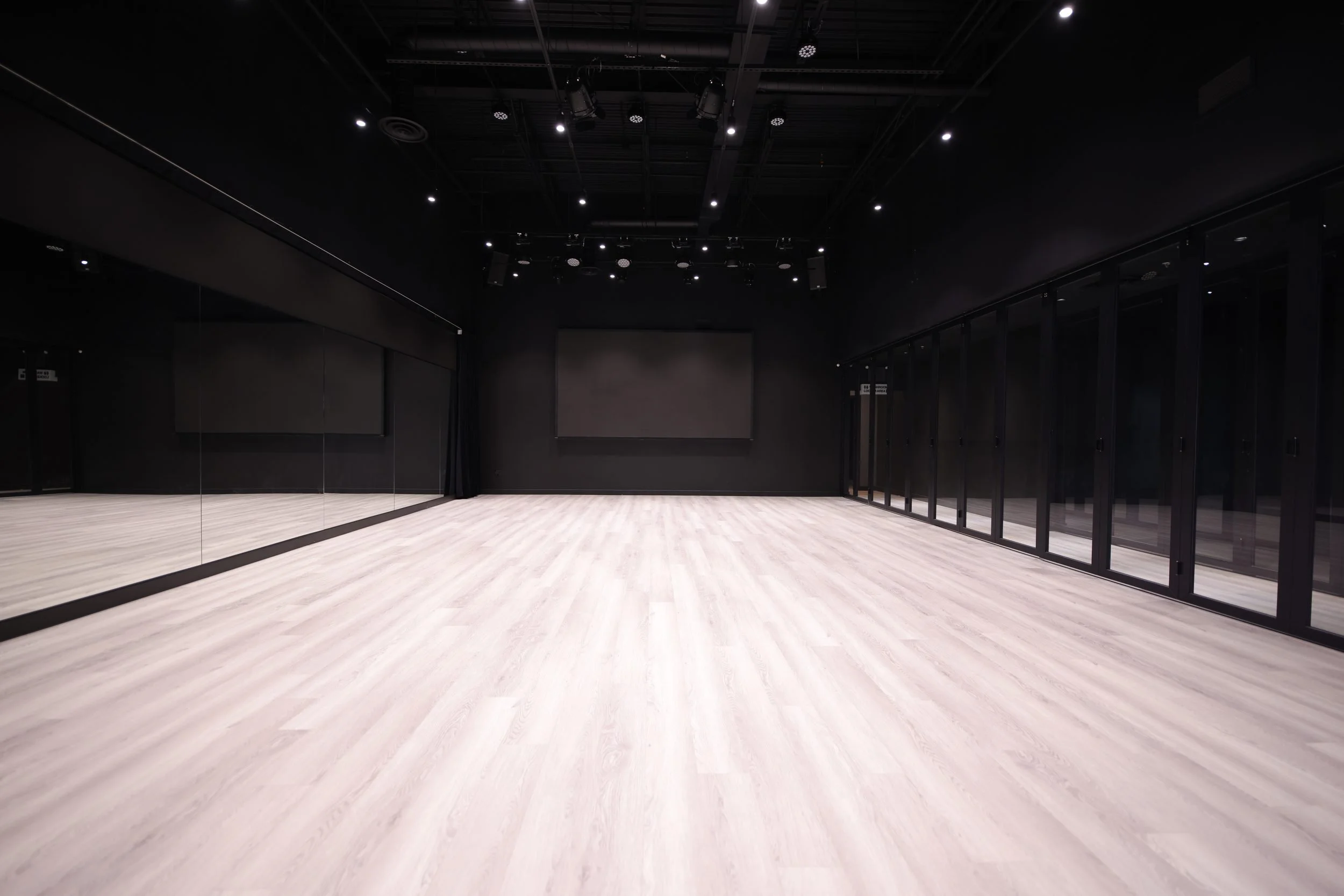 The empty main dance floor of the ZeekersDanz studio in Markham: pale wood floor, black walls and ceiling, mirrors along one side.