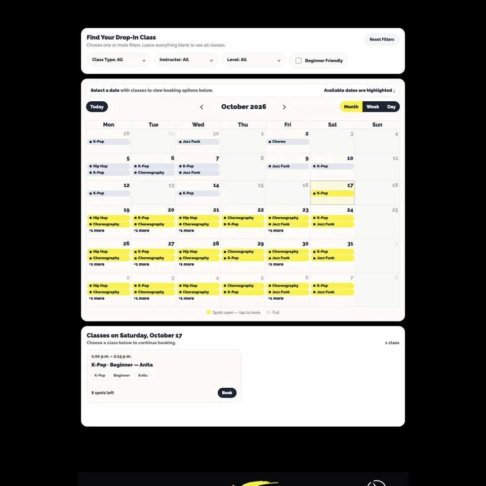 The class finder: filters for class type, instructor and level above a month calendar of October 2026, with open classes in yellow and one class picked with a Book button.