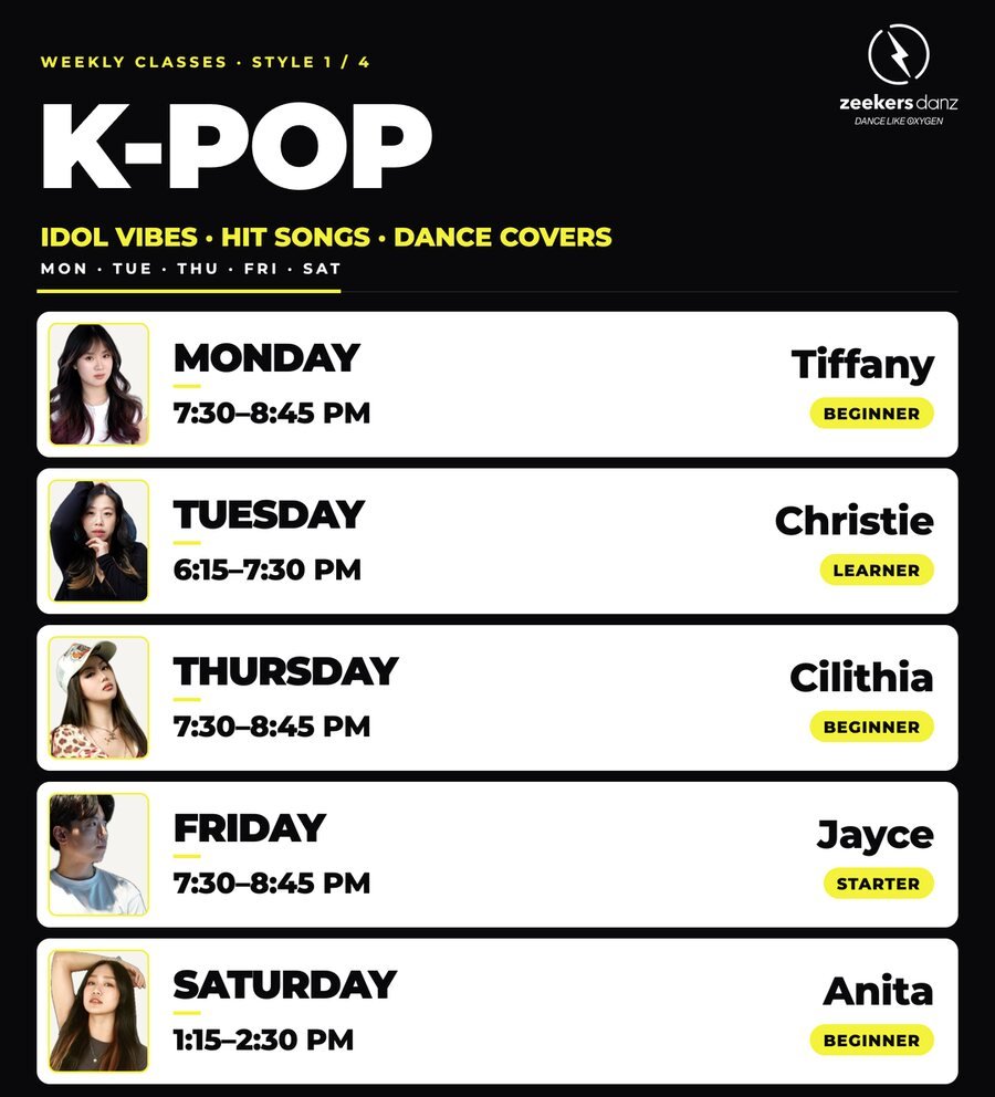 Class card on black: K-POP in large white type, then five rows with the day, time, teacher and level of each K-Pop class.