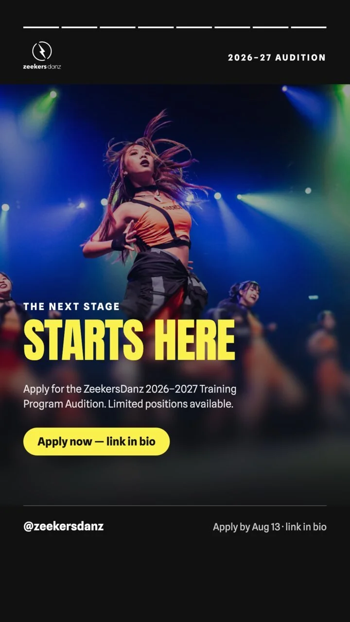 Story: a dancer on stage in coloured light, with The next stage starts here and an Apply now button.