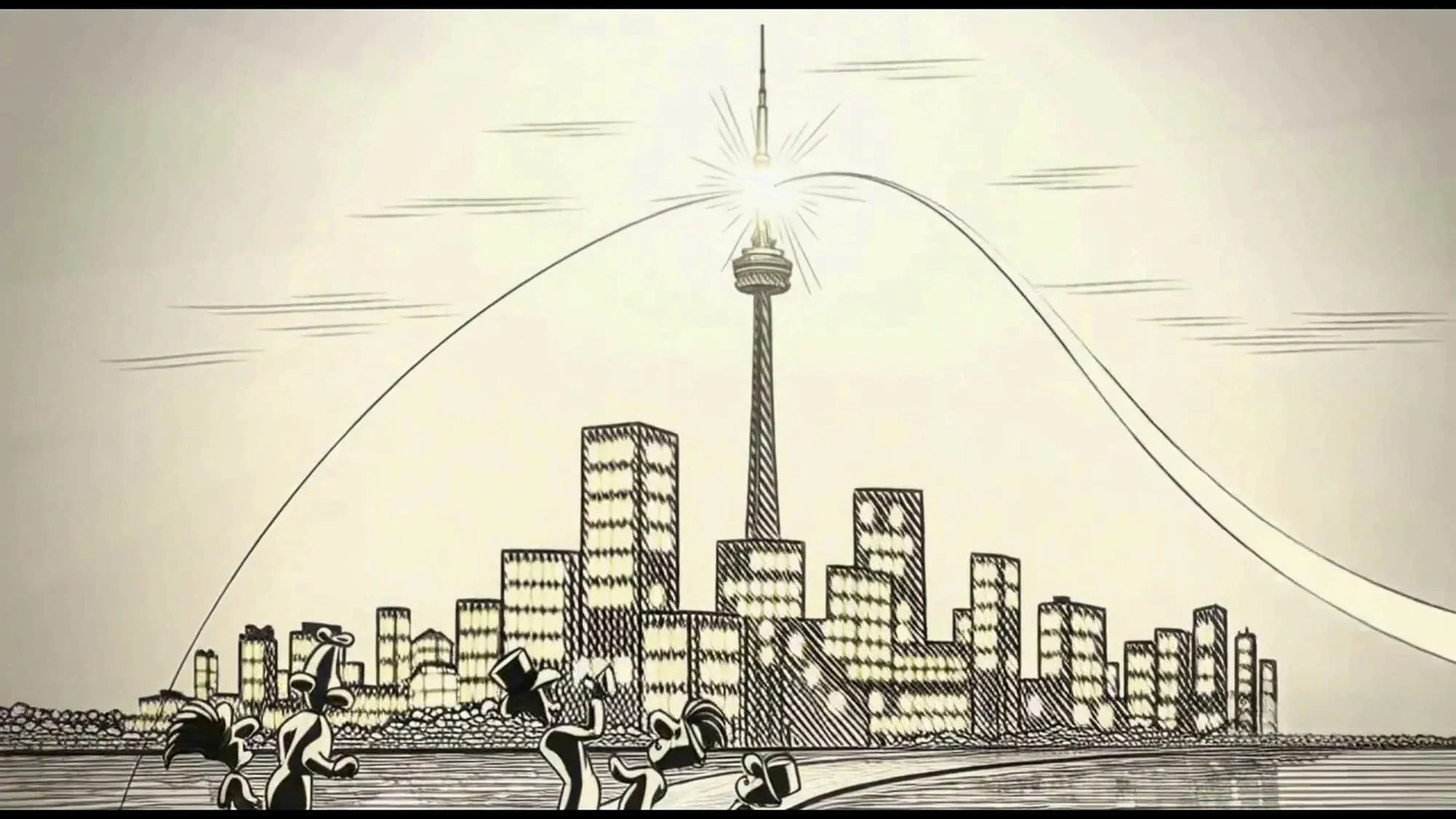 An engraving-style drawing of a city skyline lighting up, with a single line of light arcing over the towers.