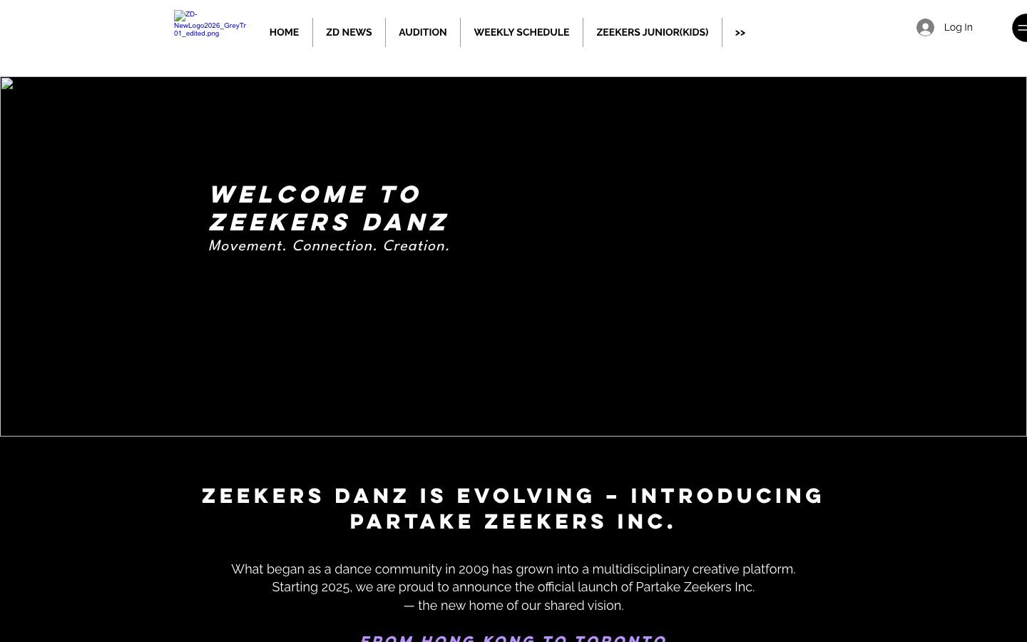 The old ZeekersDanz home page on a desktop screen: a black page with the words Welcome to Zeekers Danz in small spaced type, and a notice about Partake Zeekers Inc.