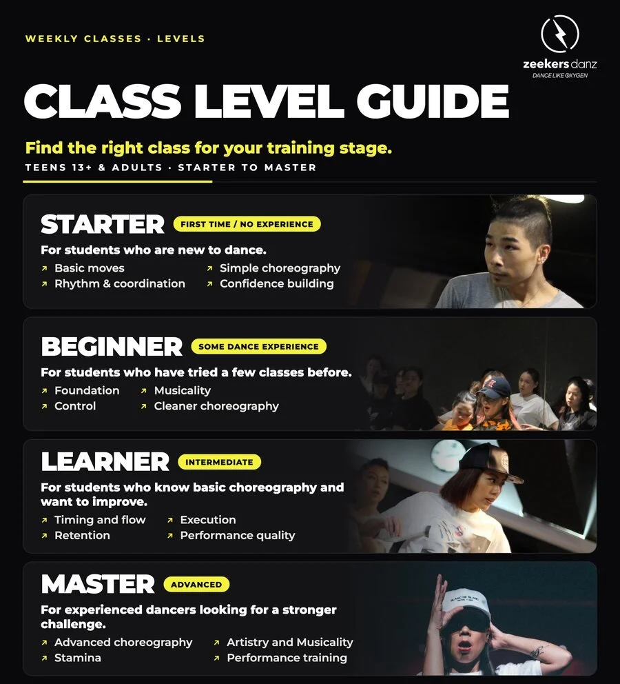 Class level guide on black: four bands for Starter, Beginner, Learner and Master, each with who it is for and what it trains.