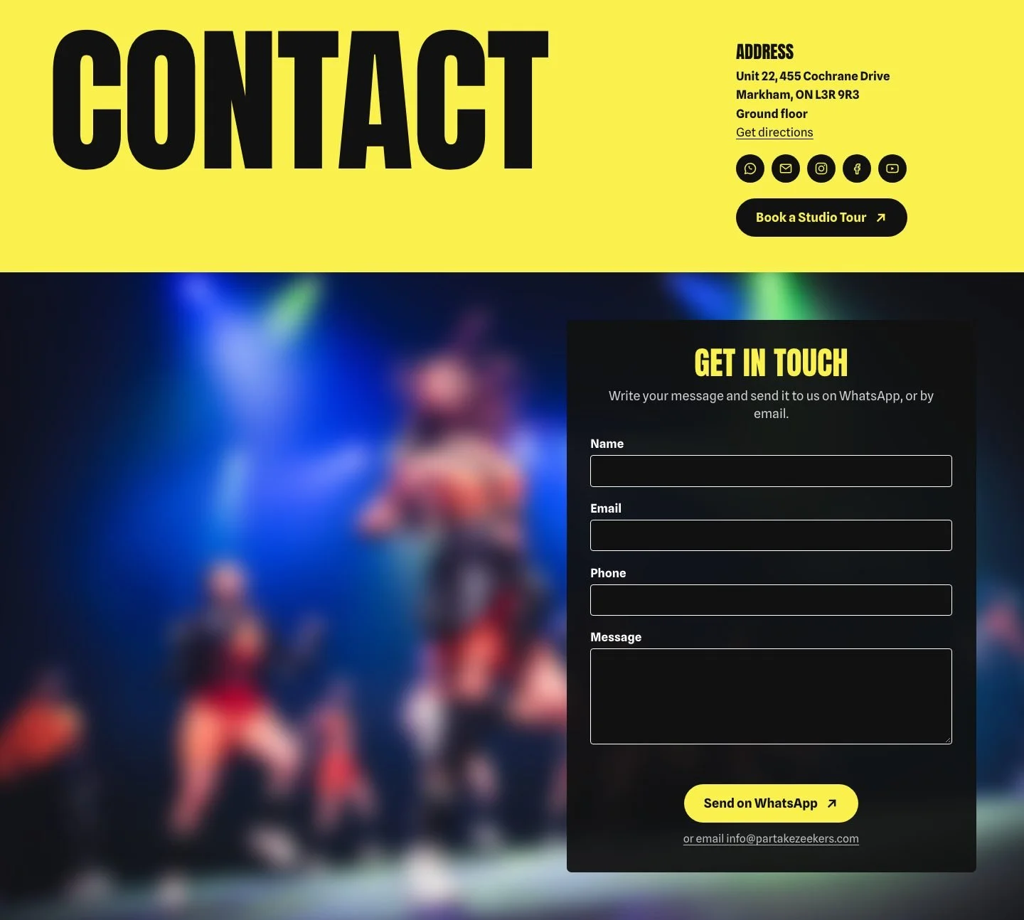 The contact section of the revamped ZeekersDanz website on a desktop screen: the studio address, a Book a Studio Tour button and a Get in touch form.