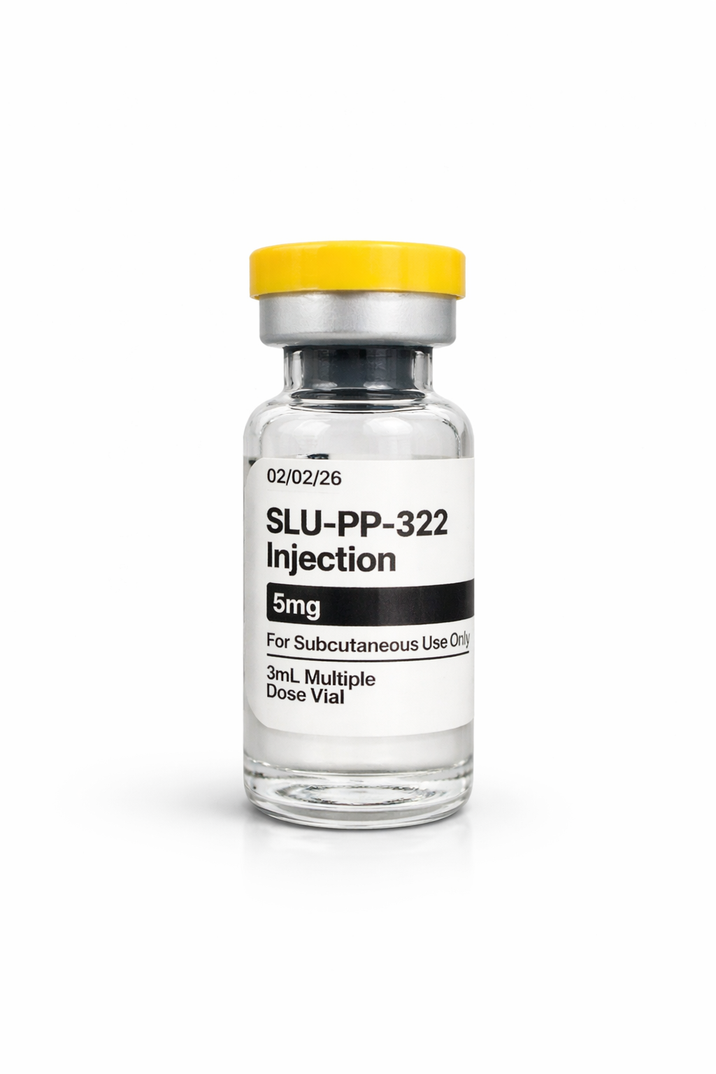 A small glass vial with a yellow cap, labeled 'SLU-PP-322 Injection, 5mg, for subcutaneous use only, 3mL multiple dose vial.'