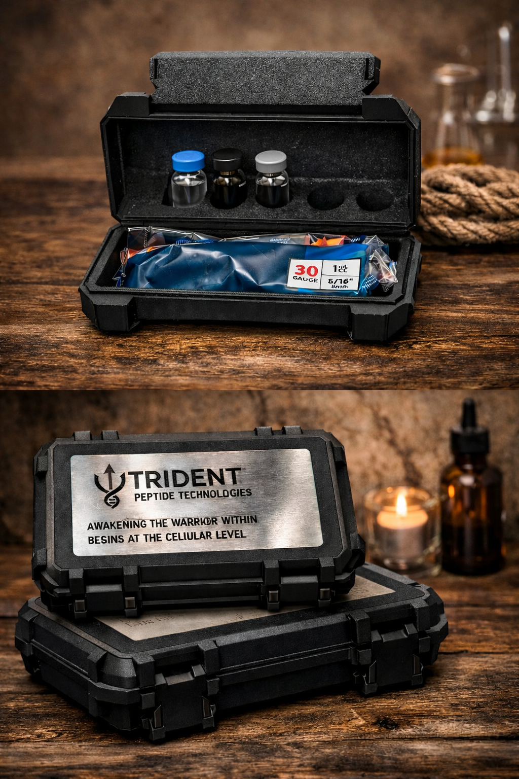 A black storage case with small vials and a sealed package of 30 gauge syringes inside, on a wooden surface. Another black case with a silver label reading 'Trident Peptide Technologies' and candlelit bottles in the background.