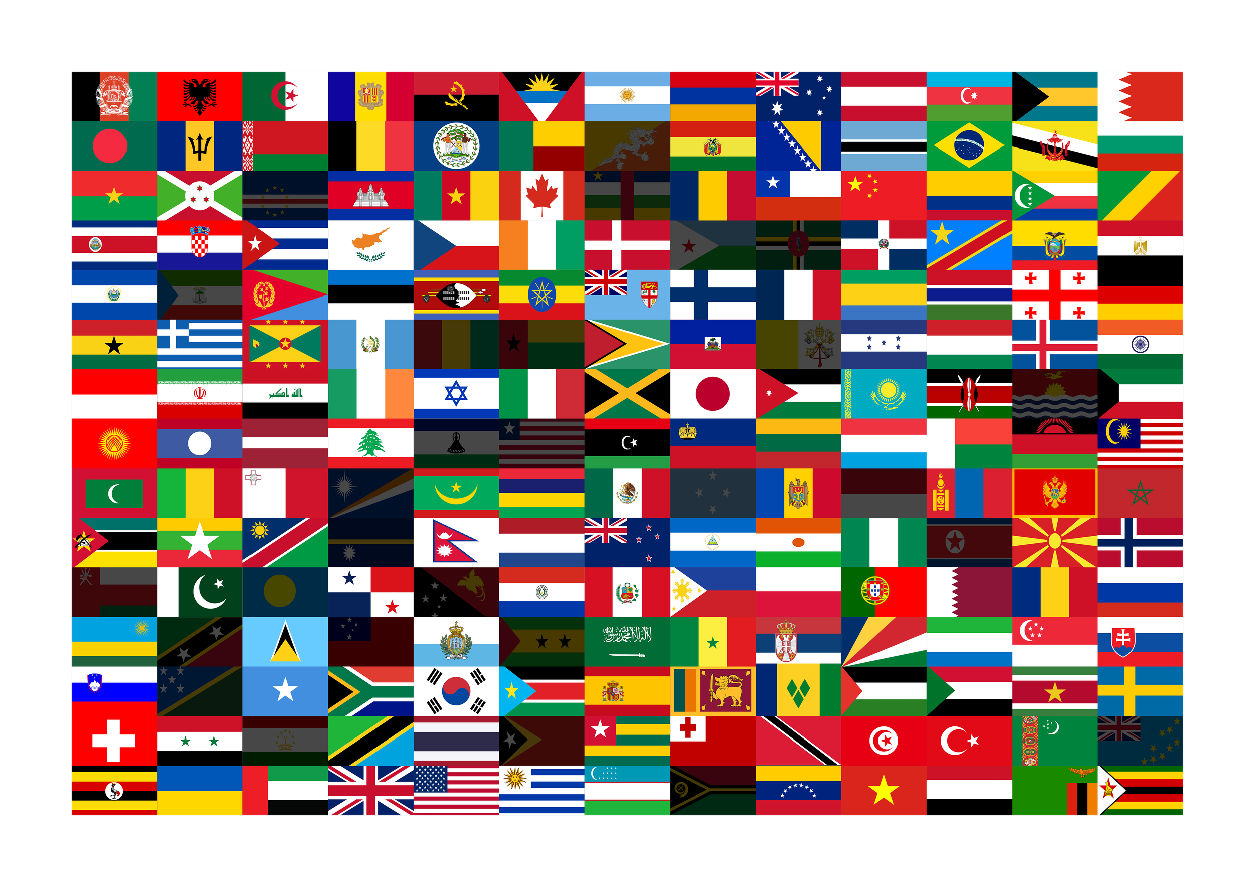 A collage of numerous international flags arranged in a grid.