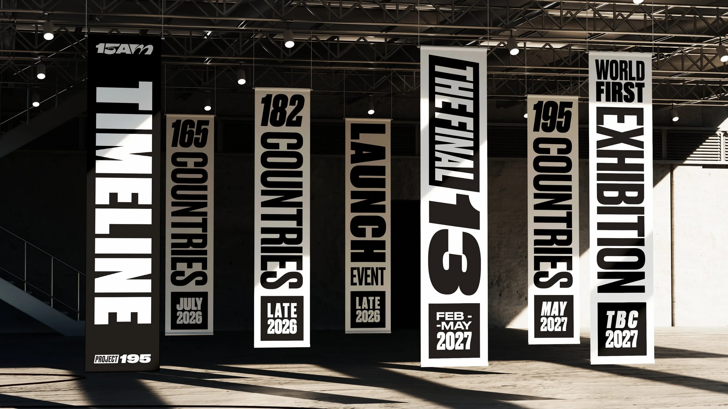 Vertical exhibition banners display project numbers and event dates, with texts including '15AM', '165 COLOUR', '182 COUTURE', 'THE FUTURE', 'WORLD FIRST', and various dates spanning 2026 and 2027, in a modern, industrial-gallery setting.