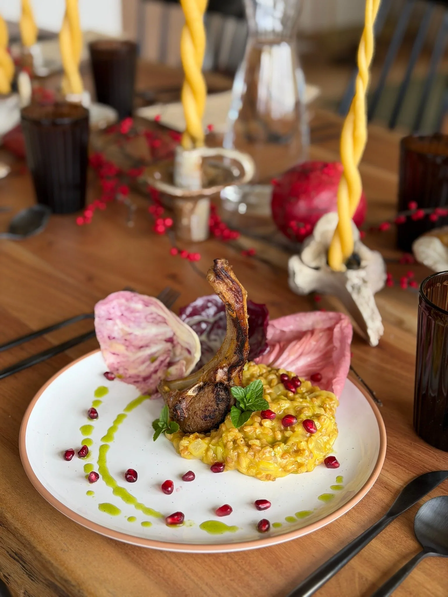 lamb rib chop, saffron farro risotto, preserved-lemon radicchio, mint oil
(Winter Solstice Pop-Up Dinner by MARROW)