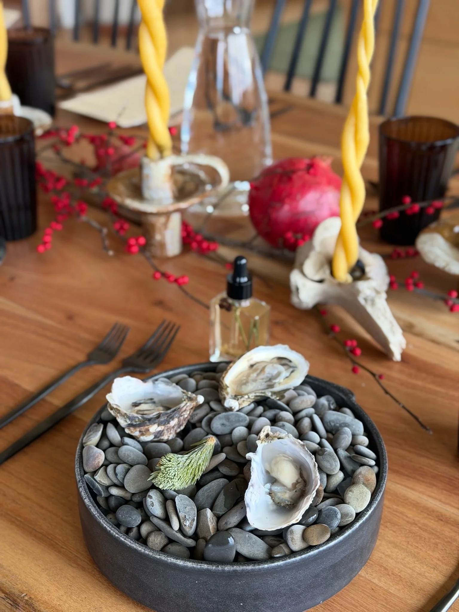 three oysters on river rock w/pine & juniper mignonette 
(Winter Solstice Pop-Up Dinner by MARROW)