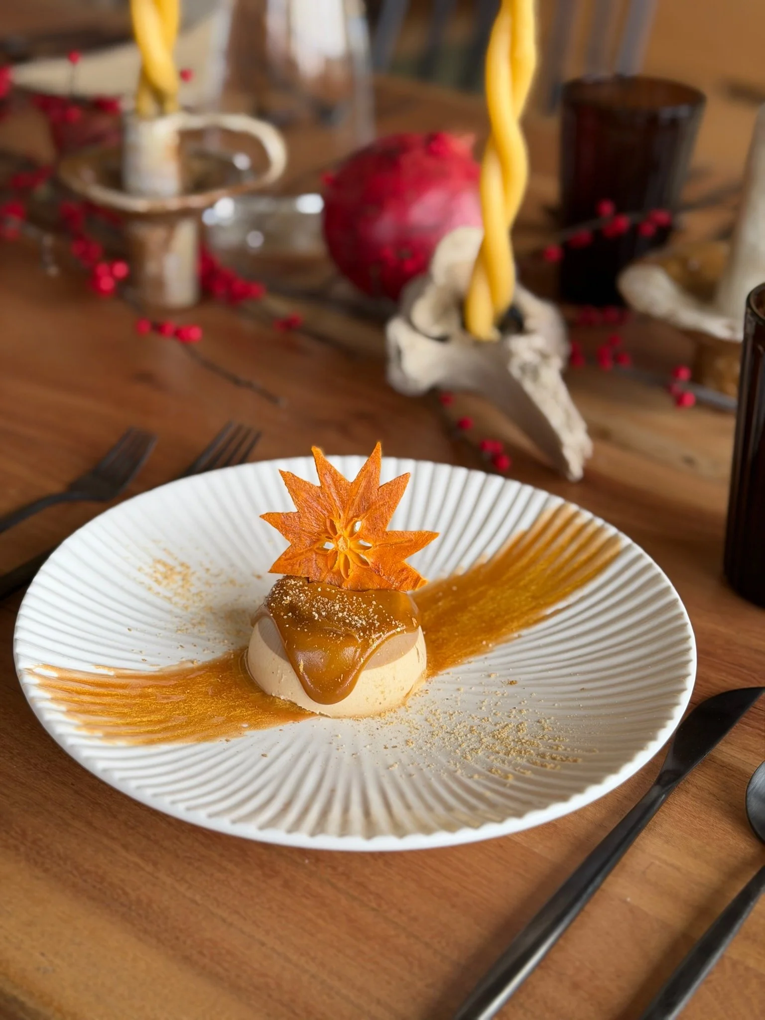 oregon-grown black tea panna cotta w/hoshigaki persimmon caramel
(Winter Solstice Pop-Up Dinner by MARROW)