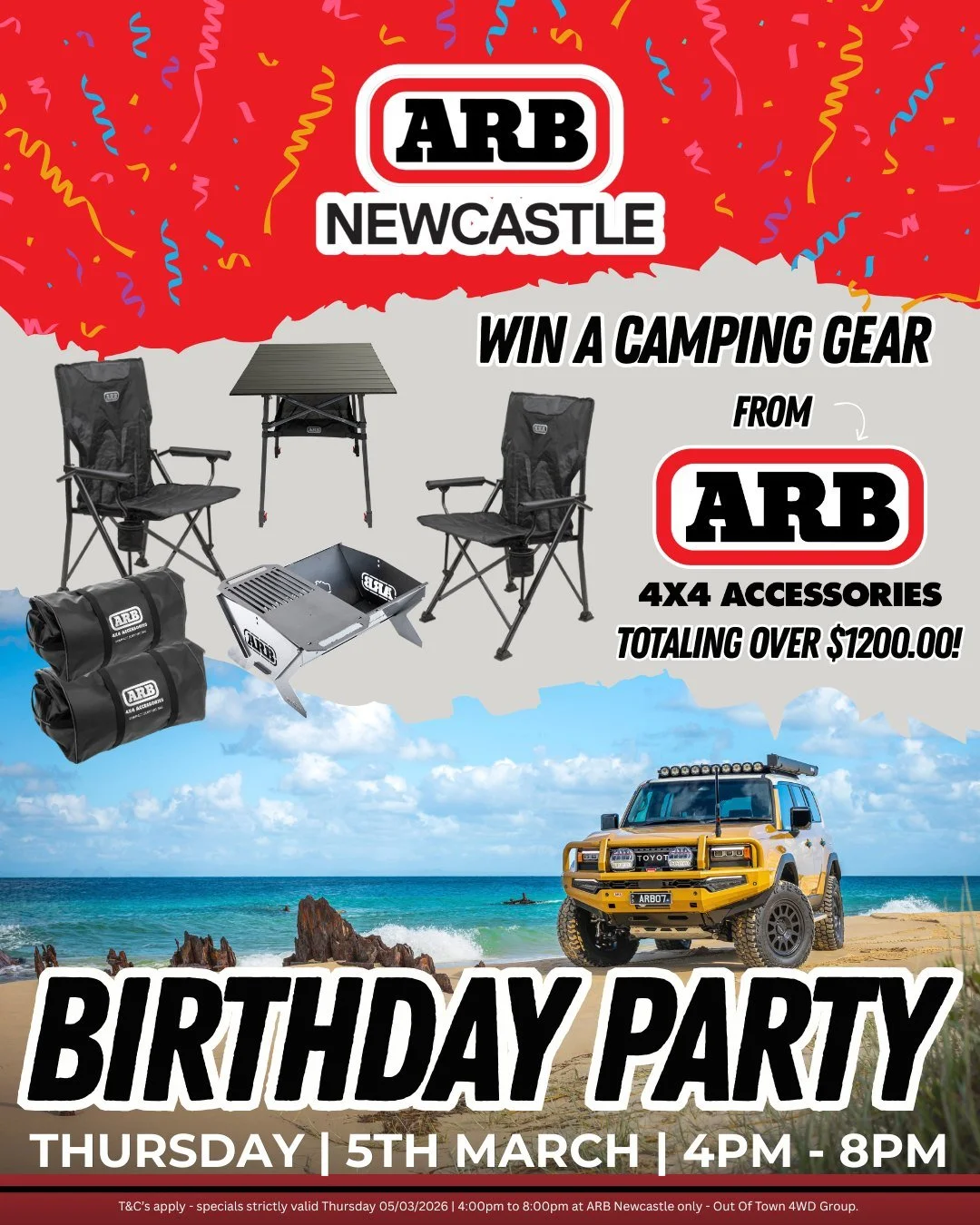 🎉 ARB NEWCASTLE BIRTHDAY PARTY &ndash; PRIZE DETAILS 🎉

Thursday 5 March | 4PM&ndash;8PM
📍 ARB Newcastle &ndash; 110 Elizabeth Street, Tighes Hill

We&rsquo;re celebrating in-store and here&rsquo;s exactly how you can win on the night 👇

🎟 HOW T