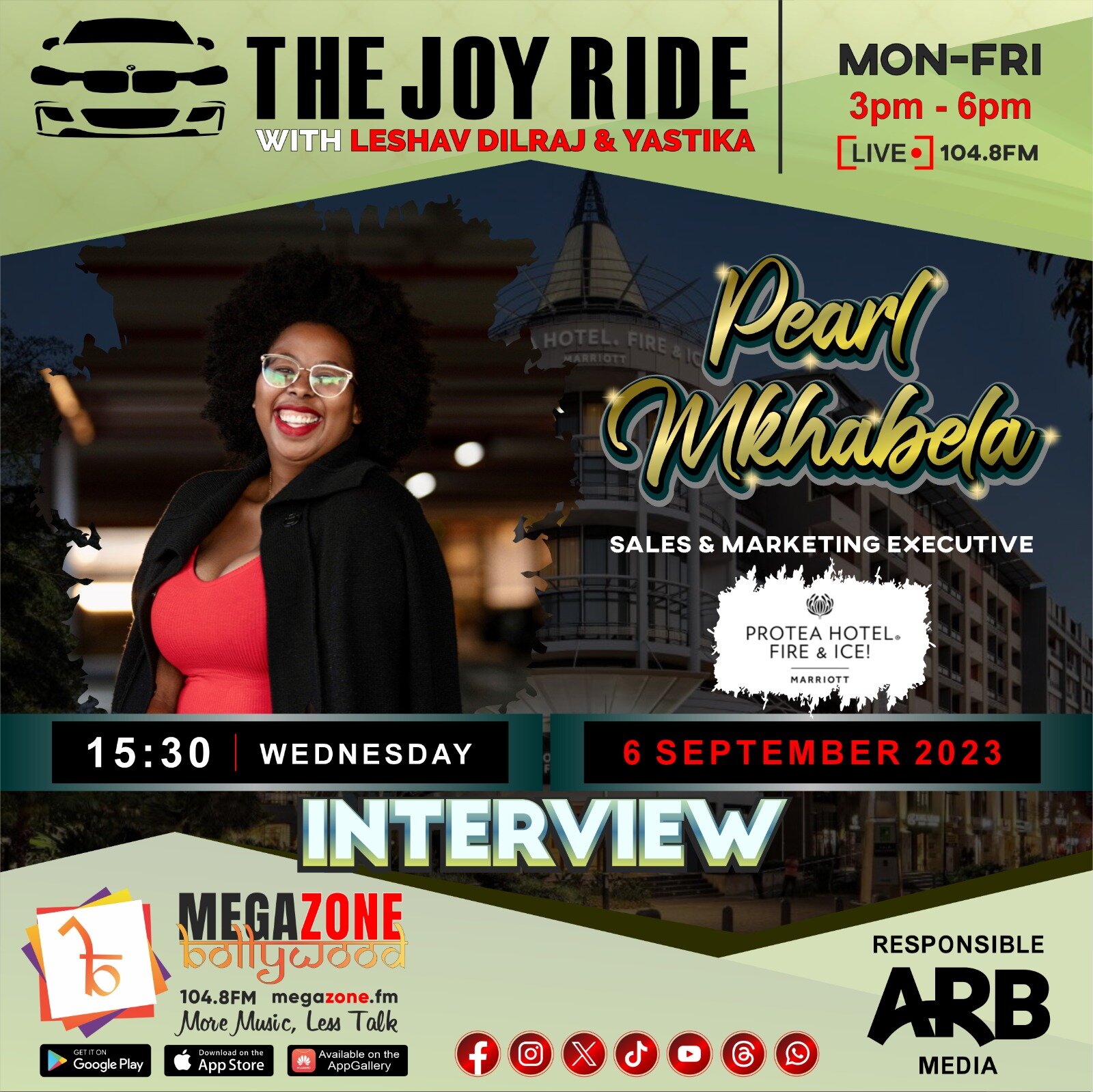 Interview Alert ‼️
The Joy Ride with Leshav &amp; Yastika🔥
In studio will be Pearl Mkhabela, Sales &amp; Marketing Executive at Protea Hotel Fire &amp; Ice! by Marriott&reg; Durban uMhlanga at 3:30pm tomorrow, 6 September 2023✨
.
.
#MegazoneBollywoo