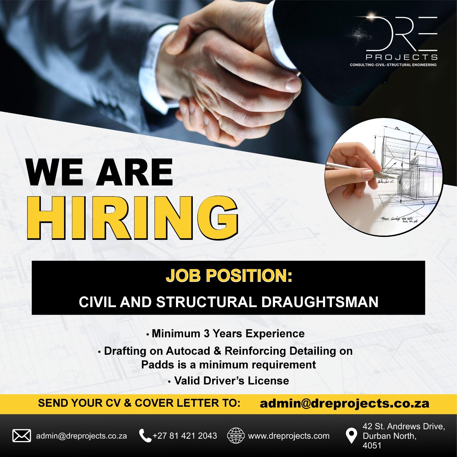 DRE Projects Pty Ltd is HIRING!‼️
Job Position available: Civil and Structural Draughtsman
Send your CV and cover letter to: admin@dreprojects.co.za
This could be your dream job to success✨