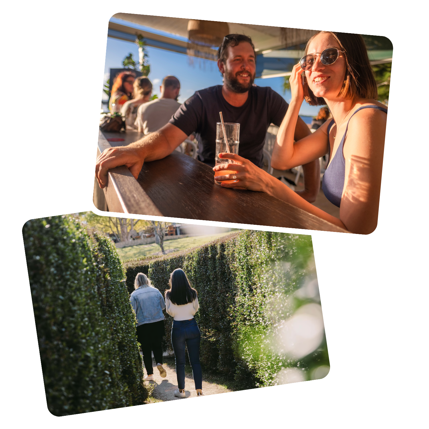 People hanging out at Little Shack Port Macquarie, and two women walking through a garden hedge at Bago Maze.