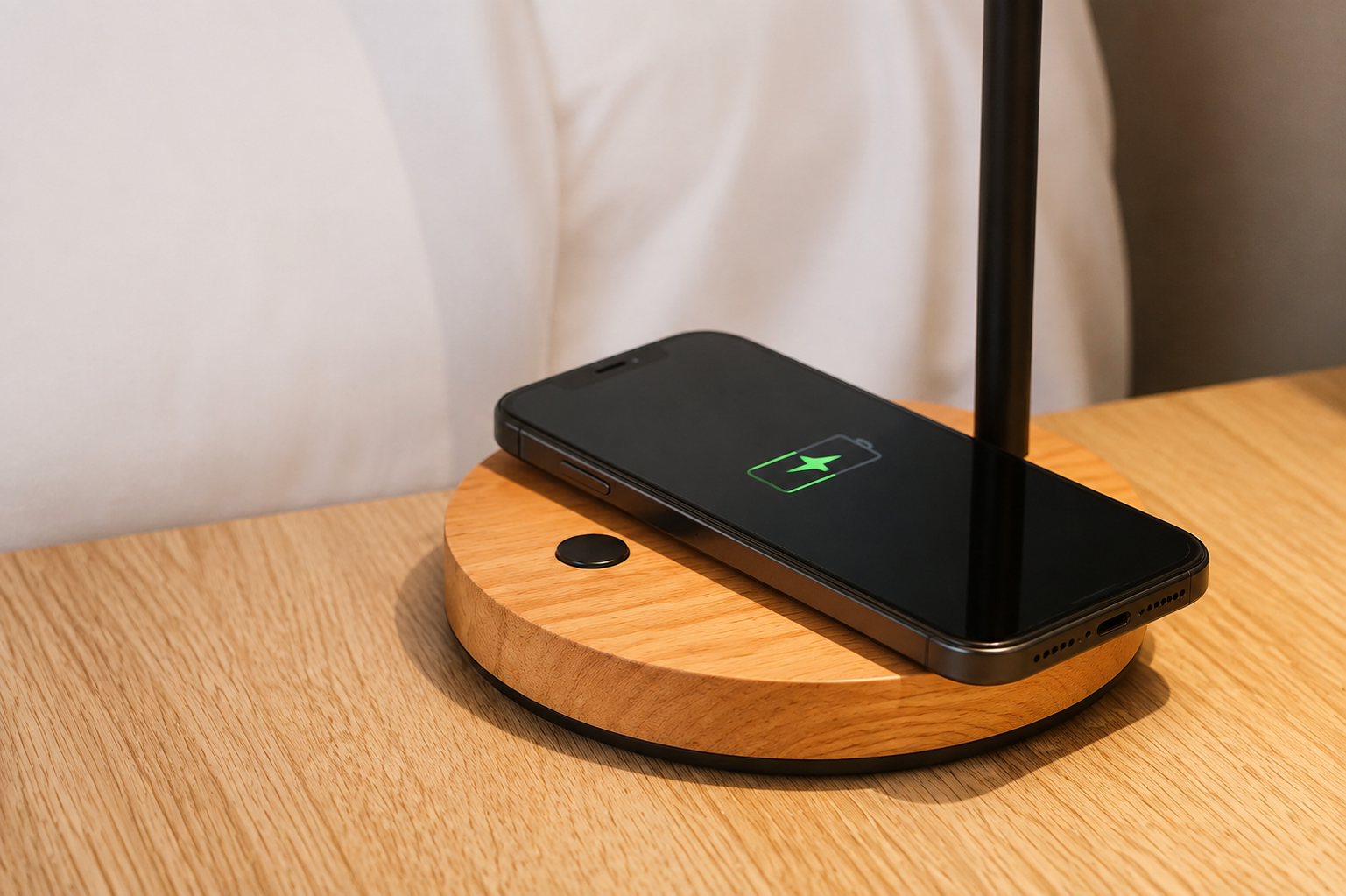 A smartphone resting on a round wooden charging coaster at the Mercure Centro Port Macquarie