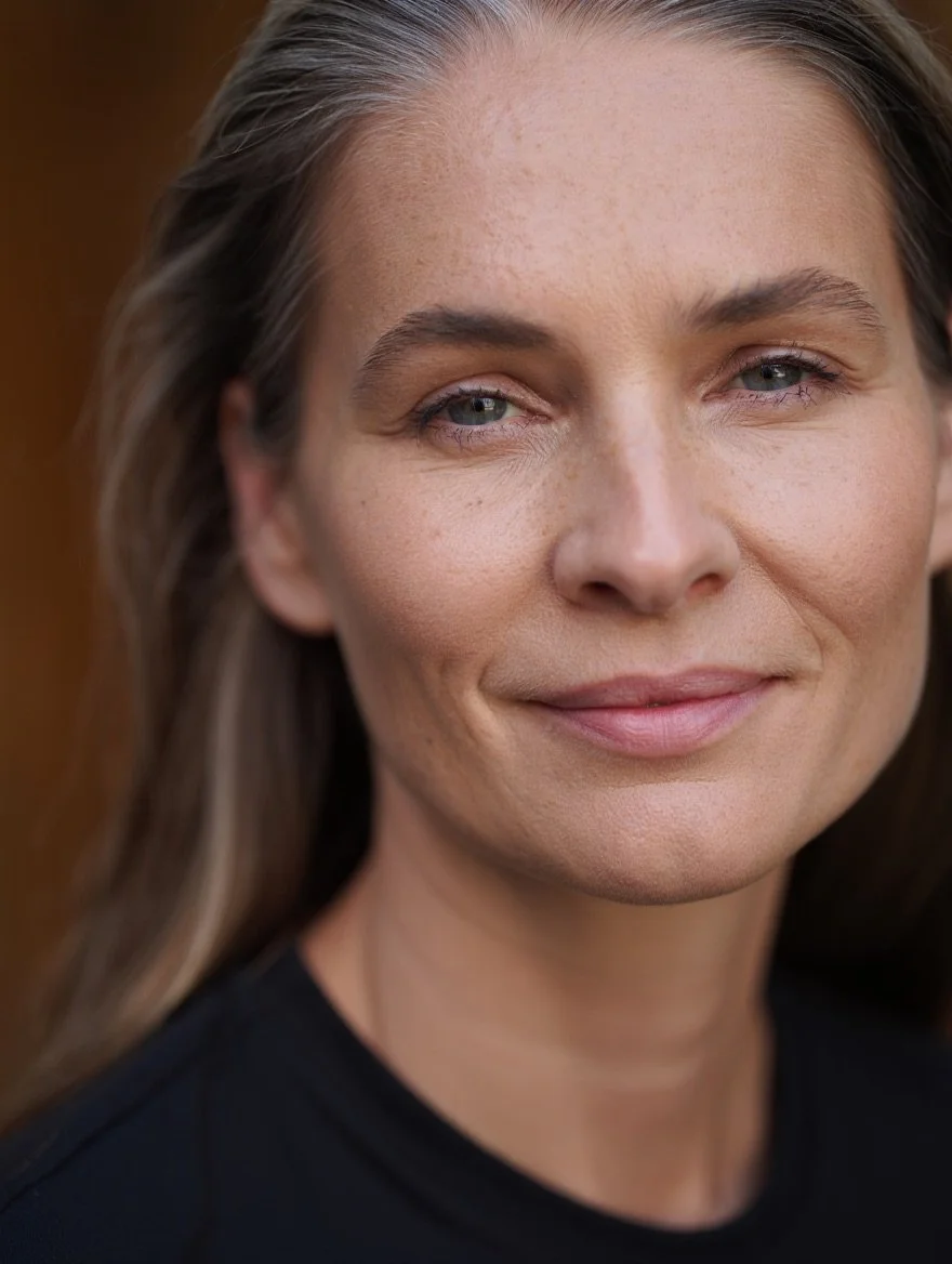 Close-up of a smiling woman's face with long brown hair and blue eyes.