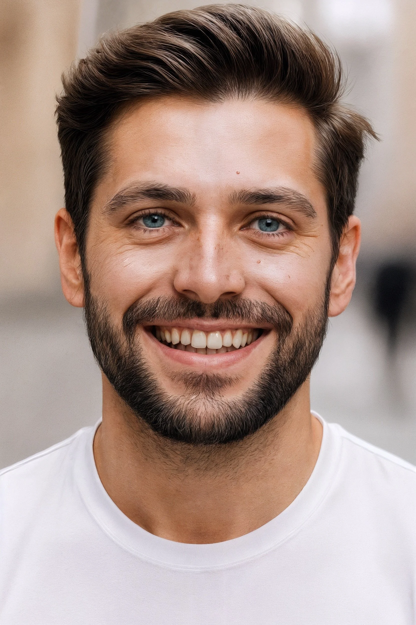 Lächelnder Mann mit Bart und blauen Augen, kurze braune Haare, trägt ein weißes T-Shirt, im Hintergrund unscharf.