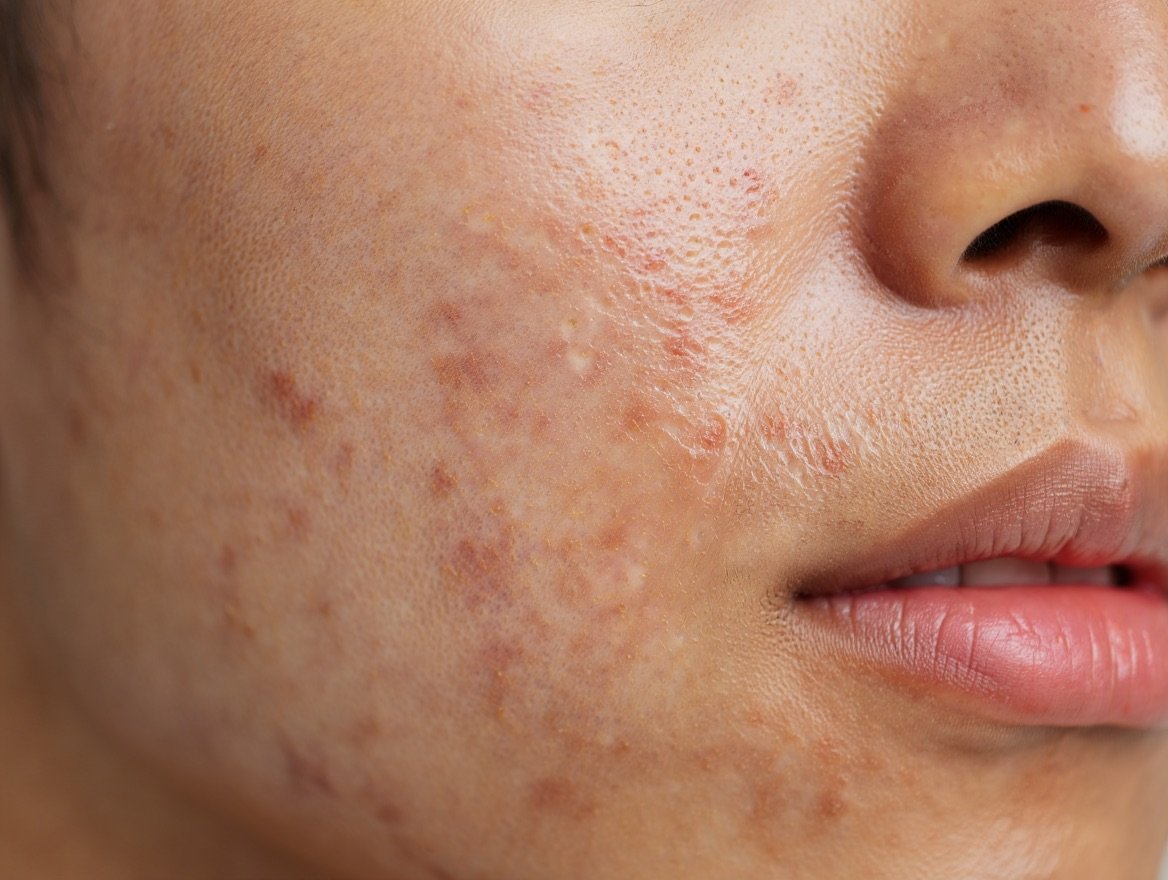 Close-up of a face with acne, scars and uneven skin texture.