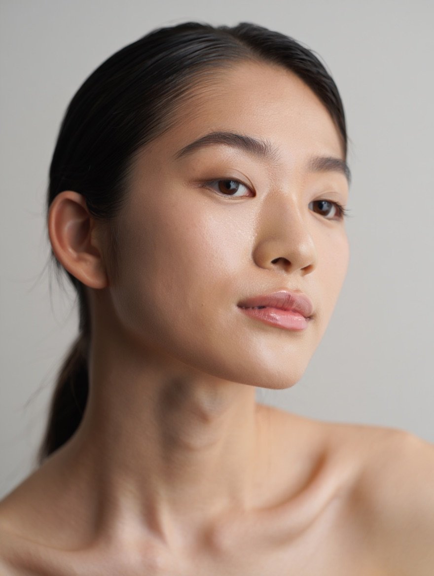 Portrait of a woman with straight hair, natural make-up and a neutral facial expression against a gray background.