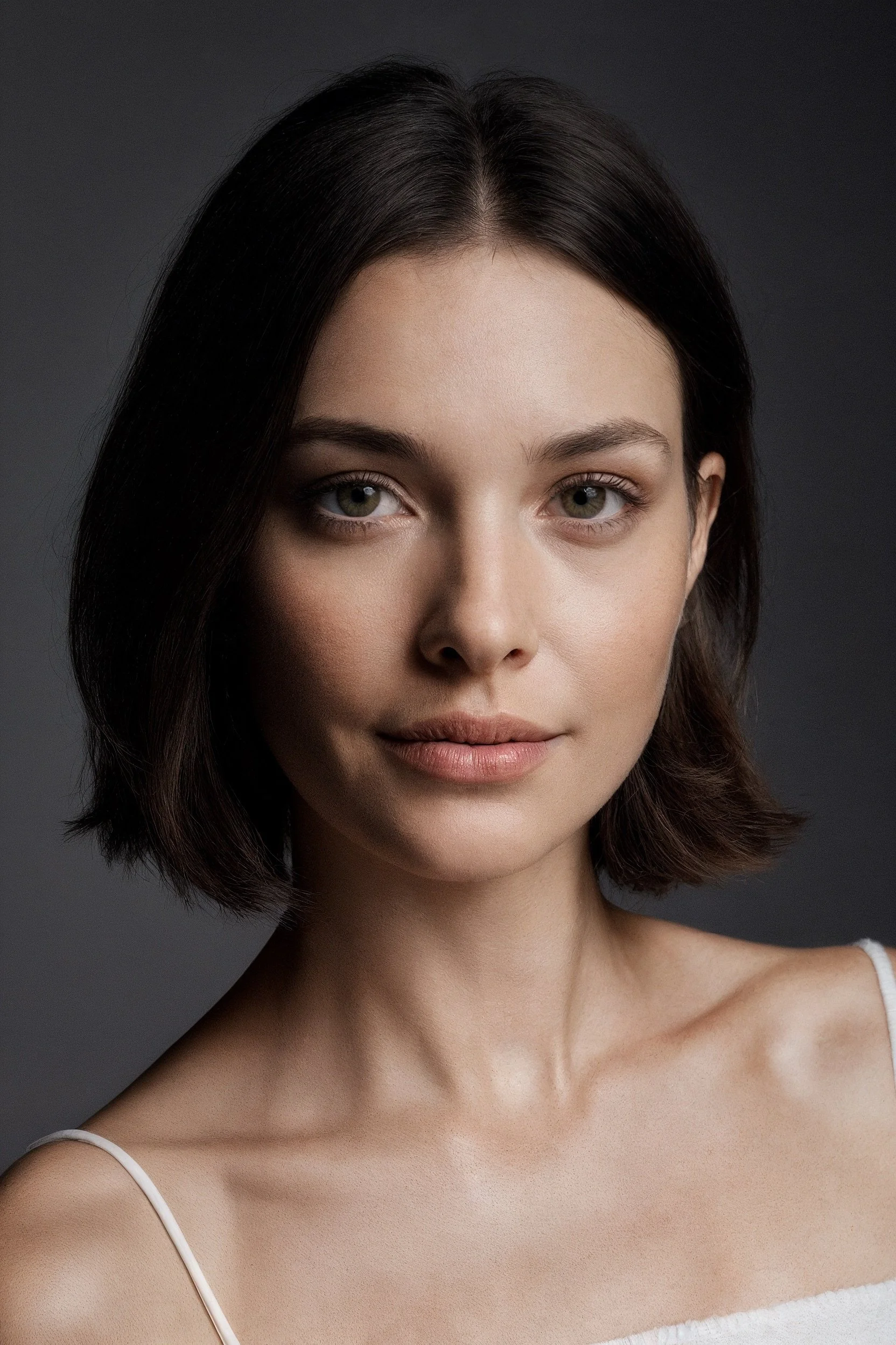 Porträt einer jungen Frau mit braunen Haaren und grünen Augen vor dunklem Hintergrund.