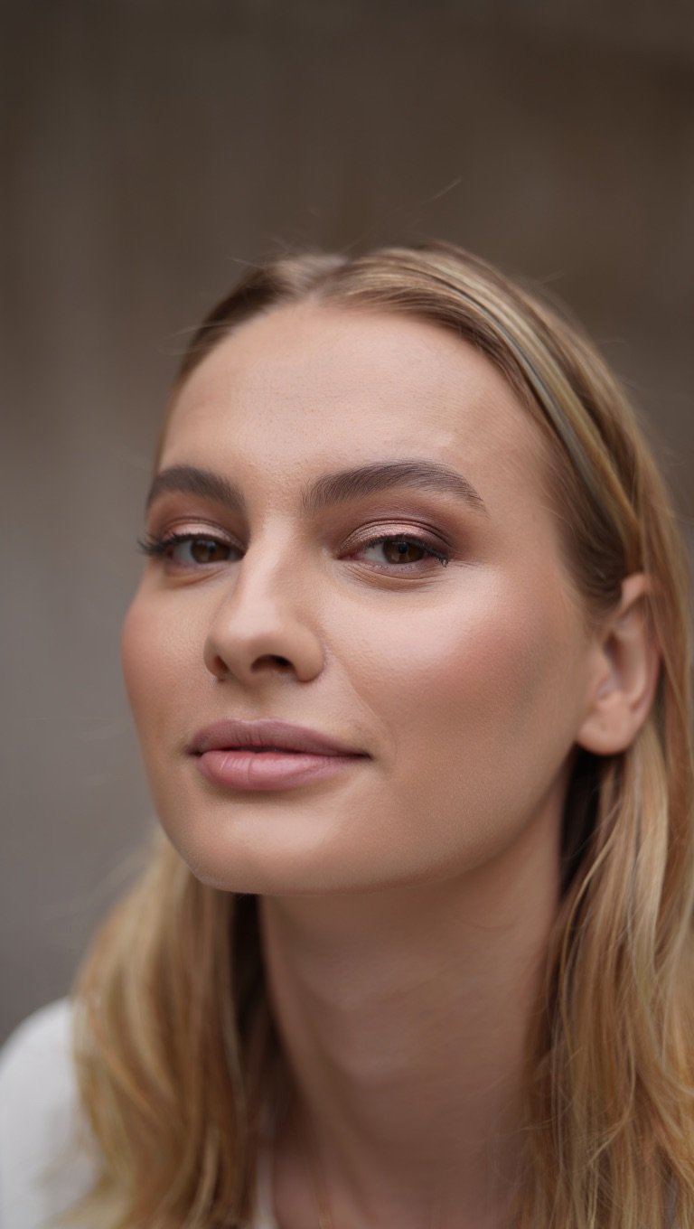 Frau schaut neutral in die Kamera und trägt dezentes natürliches Make-Up und blonde Haare.