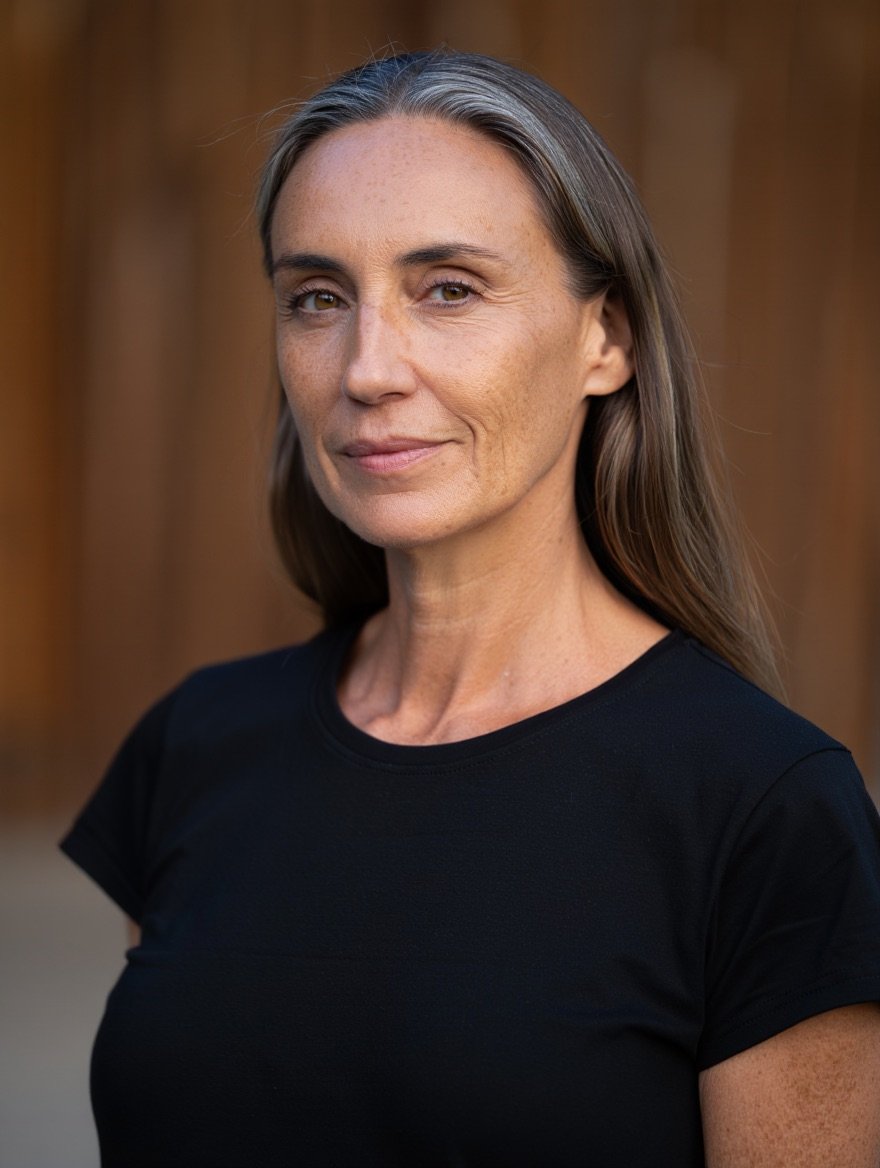 Portrait of a woman with long brown hair in a black top against a blurred background.